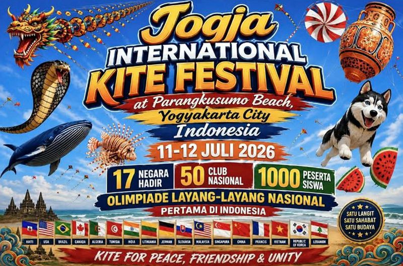 Jogja International Kite Festival (JIKF) 2026 menghadirkan inovasi program edukasi, diikuti delegasi dari 17 negara serta melibatkan ratusan volunteer untuk memperkuat budaya dan pariwisata Yogyakarta.